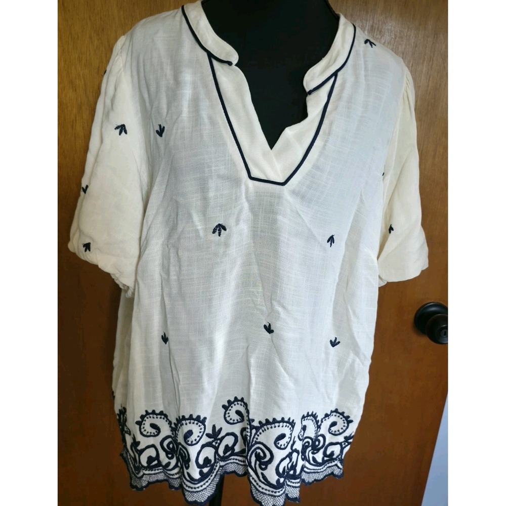 Figueroa & Flower Blouse XL Ivory Linen Blend Navy Embroidered Hem V-Neck Top